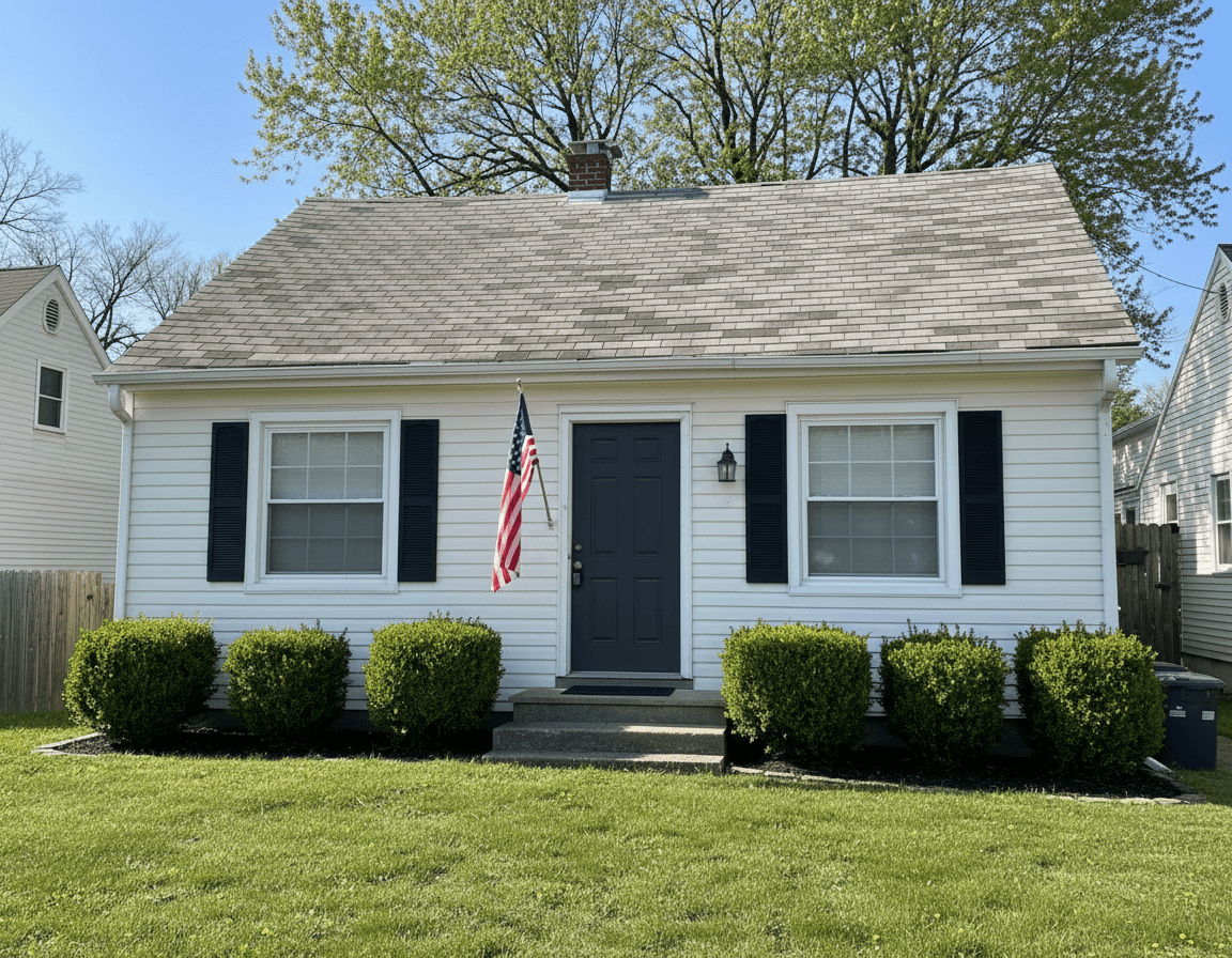 Levittown cape with crisp white insulated vinyl siding