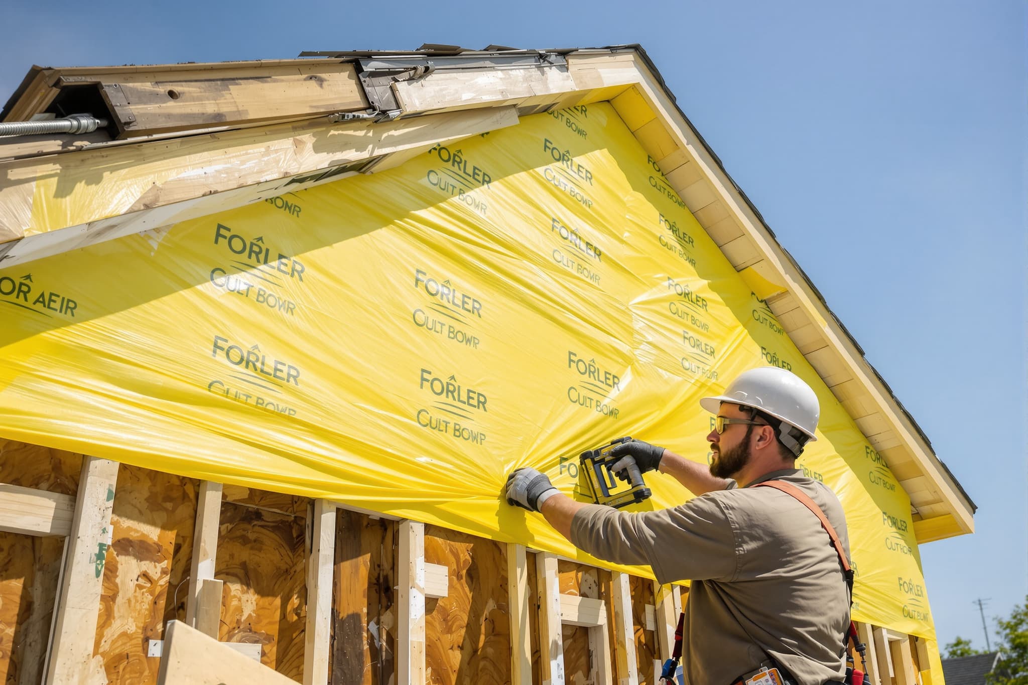 Installing house wrap on Long Island home