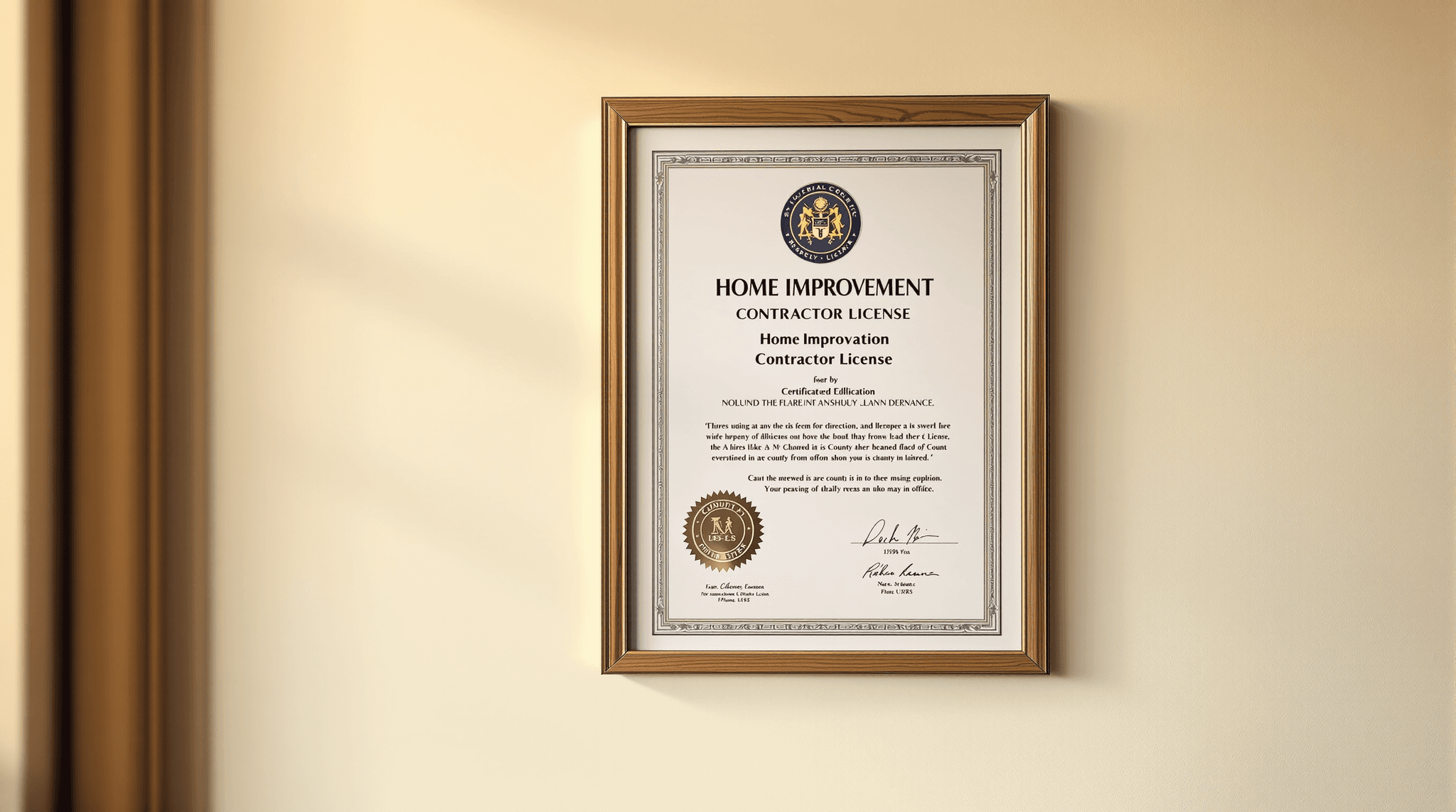 License and certification wall at Long Island Siding Co. office